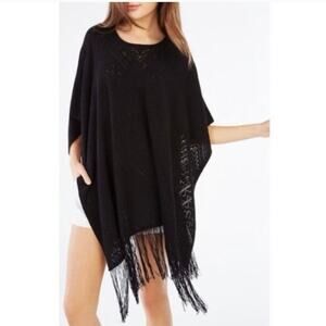 BCBGMAXAZRIA Women's M L Drue Pointelle Sheer Lace Fringe Poncho Black Boho Goth
